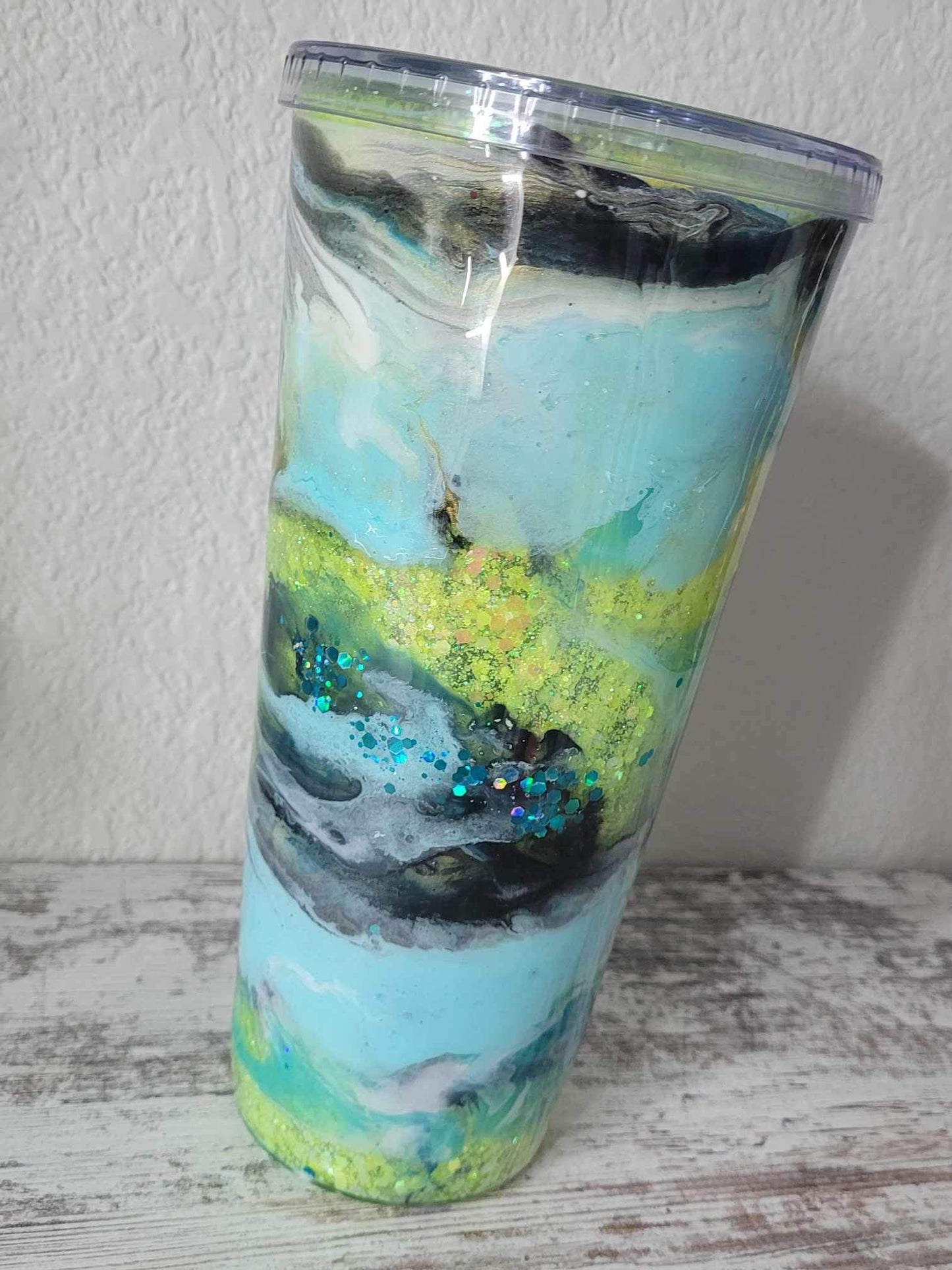 Lime Green and Sky blue Acrylic Marbled 32oz suspended glitter with ink tumbler cup