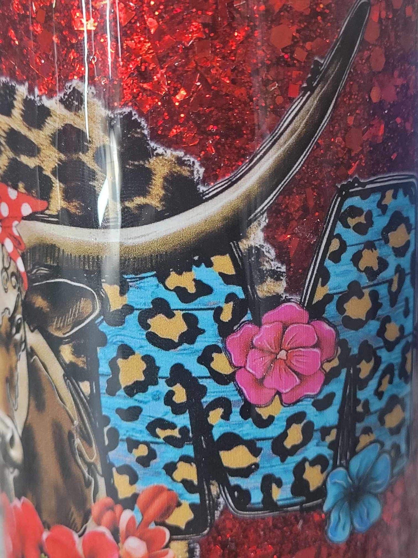 Cow Print “Mom”, accented with flowers and a steer head, Bamboo lid Cup with Straw, Ships from the USA