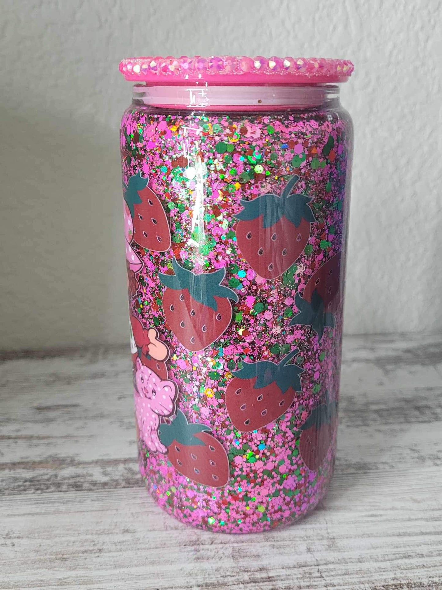 Strawberry Girl 16oz glass rhinestone lid cup. Filled with Green, Pink, and Red Glitter.  Snow Globe cup, Water Globe Cup, suspended glitter