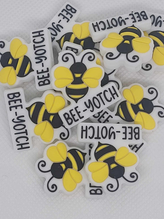 Silicone Focal Bead, “Bee-Yotch” featuring whimsical Honey Bee, Ships from the USA