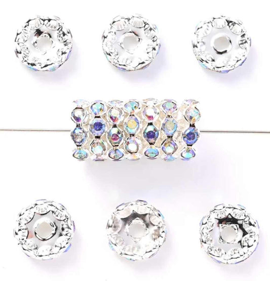 Set of 10, 12mm, Iridescent Rhinestone Spacer Beads, Crafting Projects, Beadable Projects, Jewelry Supplies, Ships from the USA