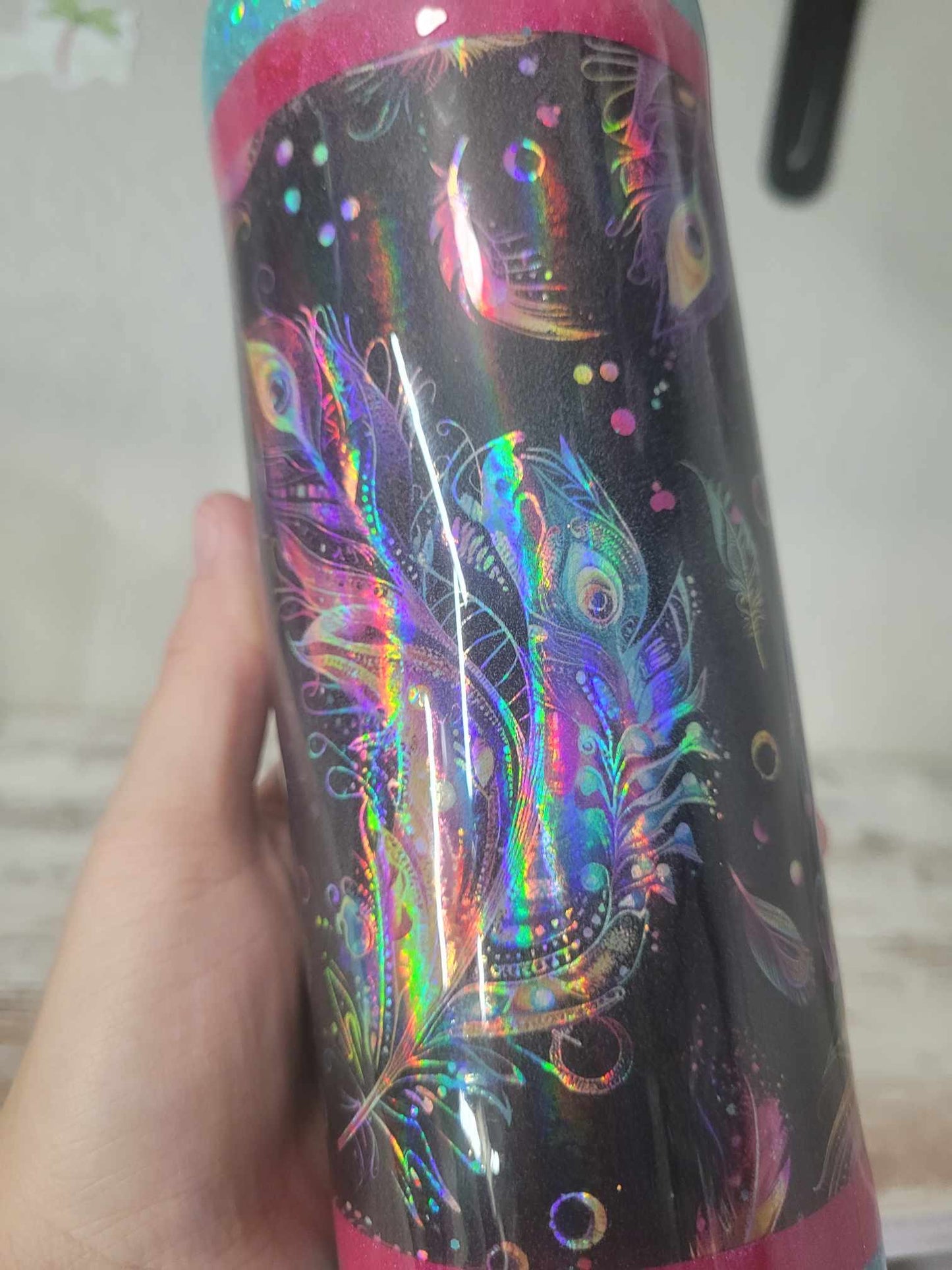 20oz Stainless Steel Holographic Feather, Can be used hot or cold, Ships from the USA