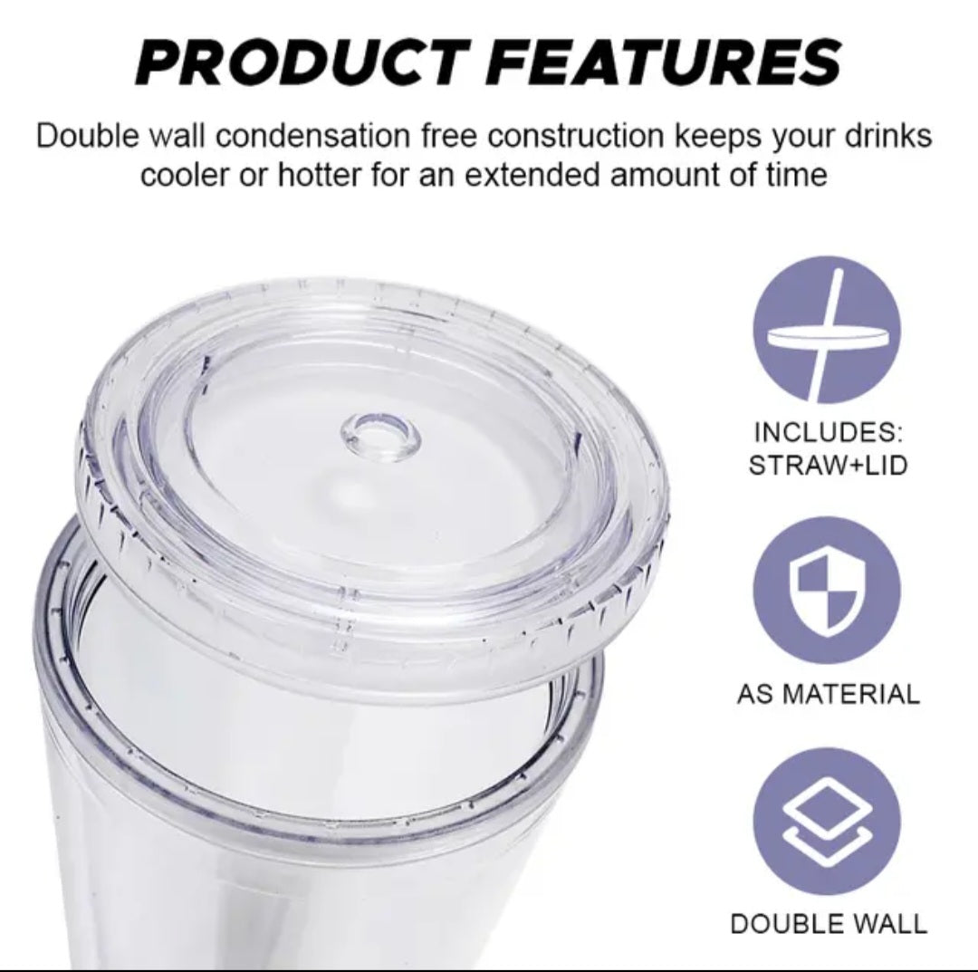 24/32oz, Blank Acrylic double wall snowglobe tumbler w/straw, NOT predrilled,Ships from the USA