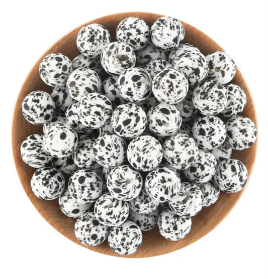 Black and White Spotted, Cow, Dalmation, Set of 5, 15mm Silicone Beads, Center Hole, Pen Making, Wristlets, Keychains, Jewelry