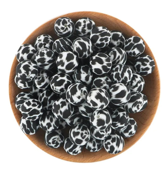 Black and White Cow, Western, Spots, Set of 5, 15mm Silicone Beads, Center Hole, Pen Making, Wristlets, Keychains, Jewelry