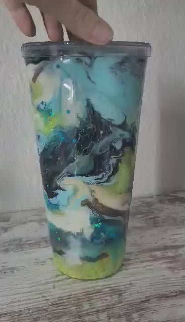 Lime Green and Sky blue Acrylic Marbled 32oz suspended glitter with ink tumbler cup