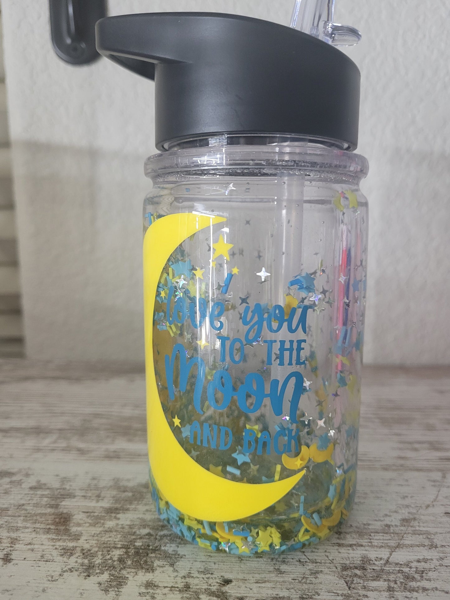 I Love You To The Moon & Back Snow Globe Cup, Stars, Moon, Flip Top Straw, Plastic 10oz Kids Cup, Toddler, Glitter, Ships from USA!