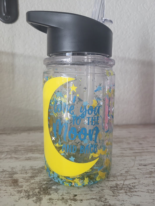 I Love You To The Moon & Back Snow Globe Cup, Stars, Moon, Flip Top Straw, Plastic 10oz Kids Cup, Toddler, Glitter, Ships from USA!