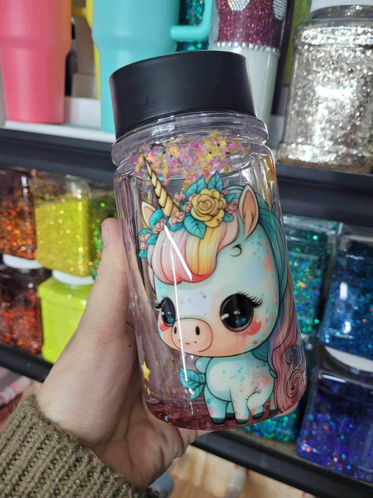 Adorable Unicorn Snow Globe/Water Globe 10oz Kids Cup, Flip Top Straw, Toddler, Floating iridescent Unicorns, Ships from USA!