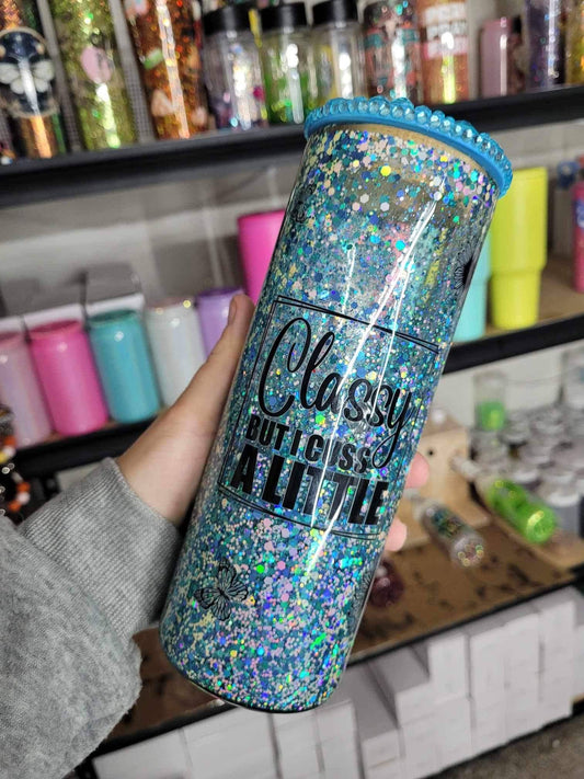 Classy But I Cuss A Little 20oz Glass Tumbler Cup, Suspended Glitter, Rhinestone Lid, Handmade, Butterfly, Sunflower, Blue, Silver, Bling