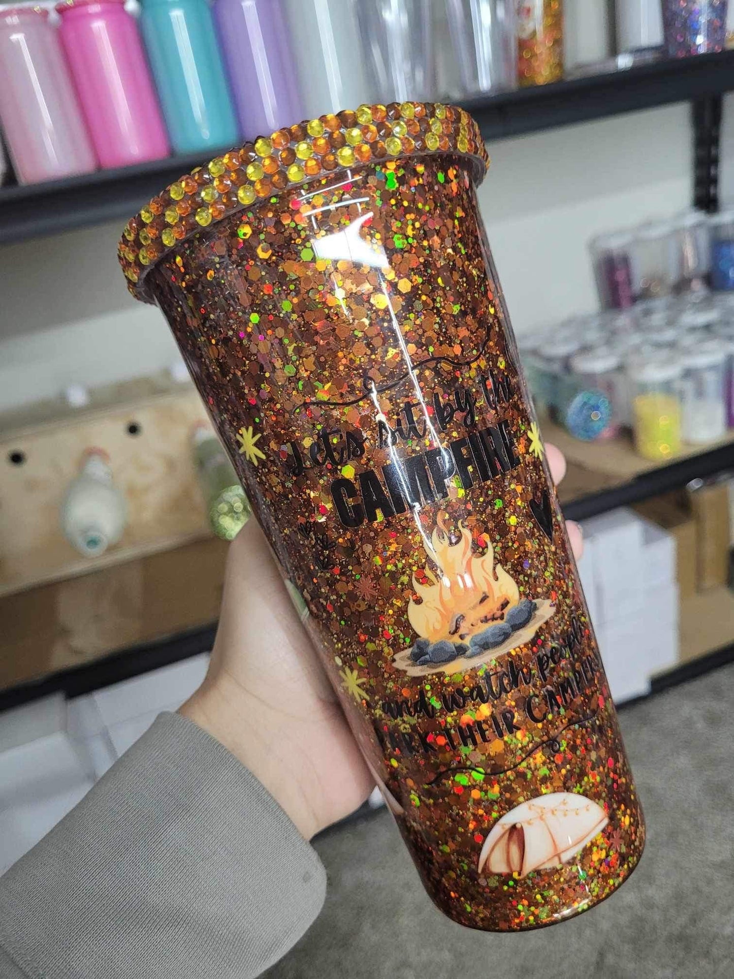 Lets Sit By The Campfire and Watch People Park Their Campers, 24oz Acrylic Tumbler, Suspended Glitter, Rhinestone Lid, Glitter Filled, USA!