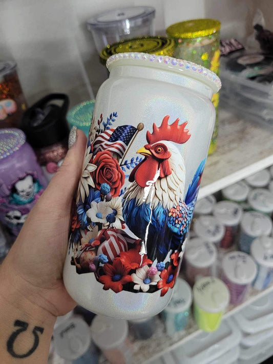 Red White And Blue Rooster Iridescent 16oz Glass Tumbler Cup, Shimmer, White Bling Rhinestone Lid, American Flag, Flowers, Farm, Americana