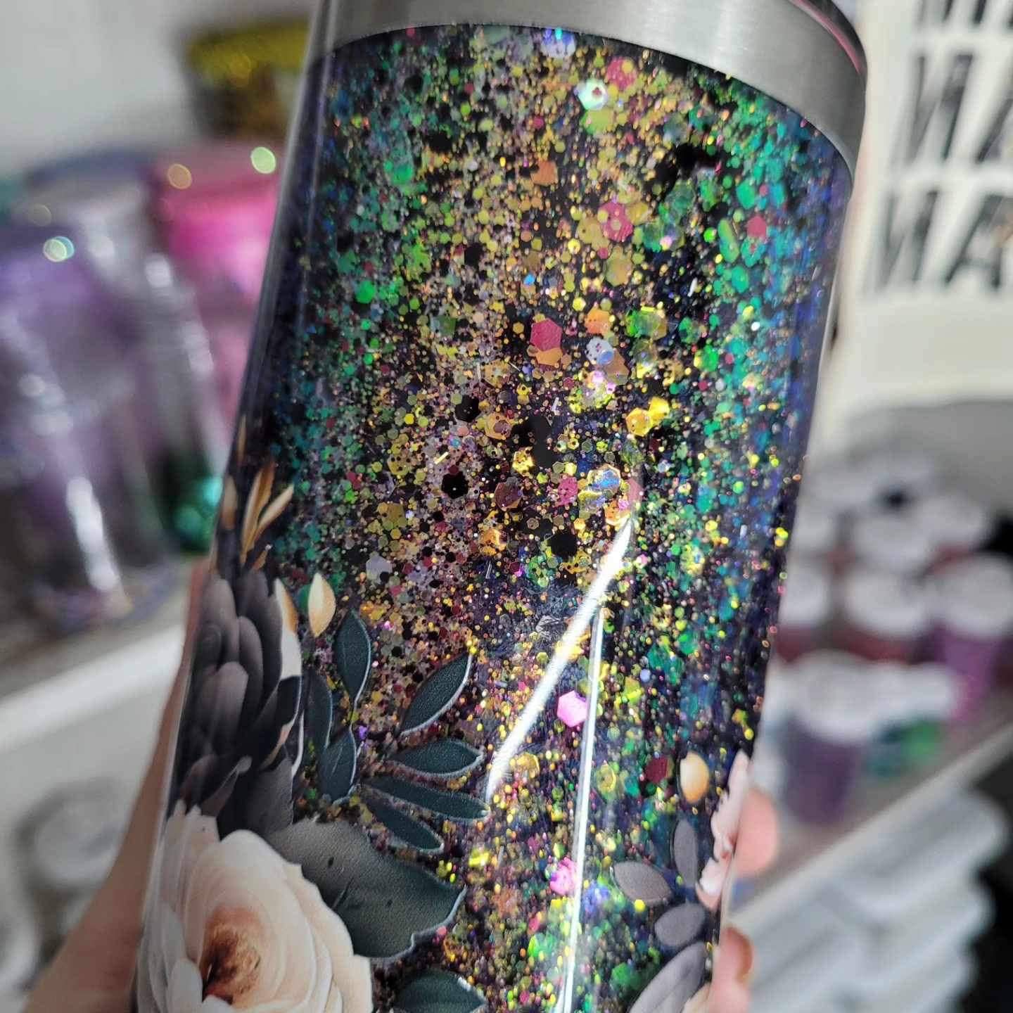 Moth Black Rainbow 20oz Stainless Steel Tumbler Cup, Hot & Cold, Suspended Glitter, Plastic/Metal Straw, On The Go, Lid, Bling Gifts