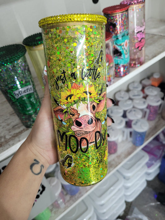 Just A Little Moody Suspended Glitter Tumbler, 20oz Glass, Sunflower, Butterfly, Rhinestone Lid, Glitter Filled, Snow globe, Ships from USA!