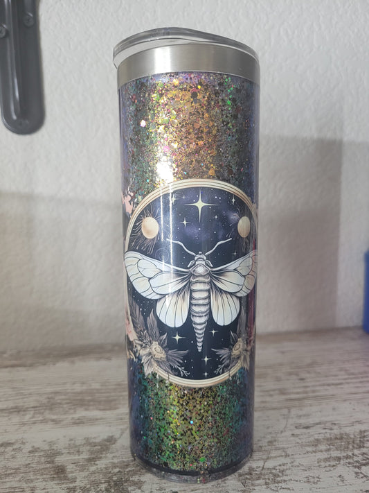 Moth Black Rainbow 20oz Stainless Steel Tumbler Cup, Hot & Cold, Suspended Glitter, Plastic/Metal Straw, On The Go, Lid, Bling Gifts