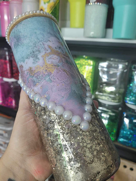 Beautiful Pastel Marble Swirl, Suspended Glitter, Pearl Accented lid and Tumbler, 20oz Glass, Glitter Filled, Snow globe, Ships from the USA