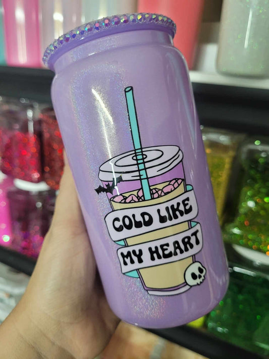 Cold Like My Heart, 16oz Purple Glass Iridescent Shimmer Tumbler Cup, Iced Coffee, Bling Rhinestone Lid, Straw, Unique, Ships from USA!