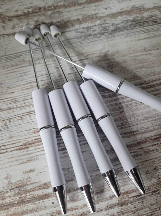 Glossy white and silver accented Beadable Pen, DIY beadable pens, Beadable Ball point Pen, Refillable Pen