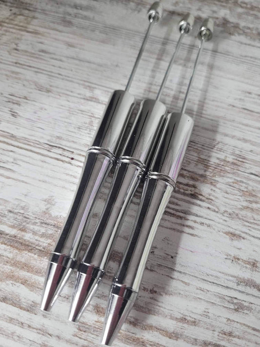Metallic “chrome” silver accented Beadable Pen, DIY beadable pens, Beadable Ball point Pen, Refillable Pen