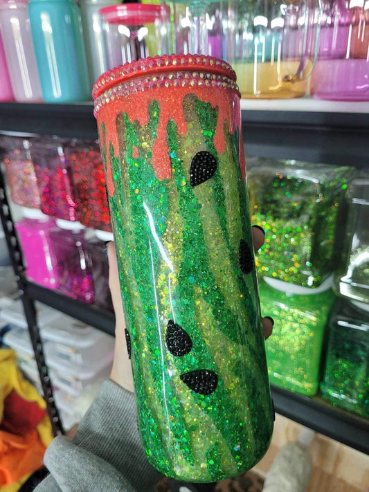 Dripping Watermelon Cup, Suspended Glitter, Rhinestone Accented lid and Tumbler, 20oz Glass, Glitter Filled, Snow globe, Ships from the USA