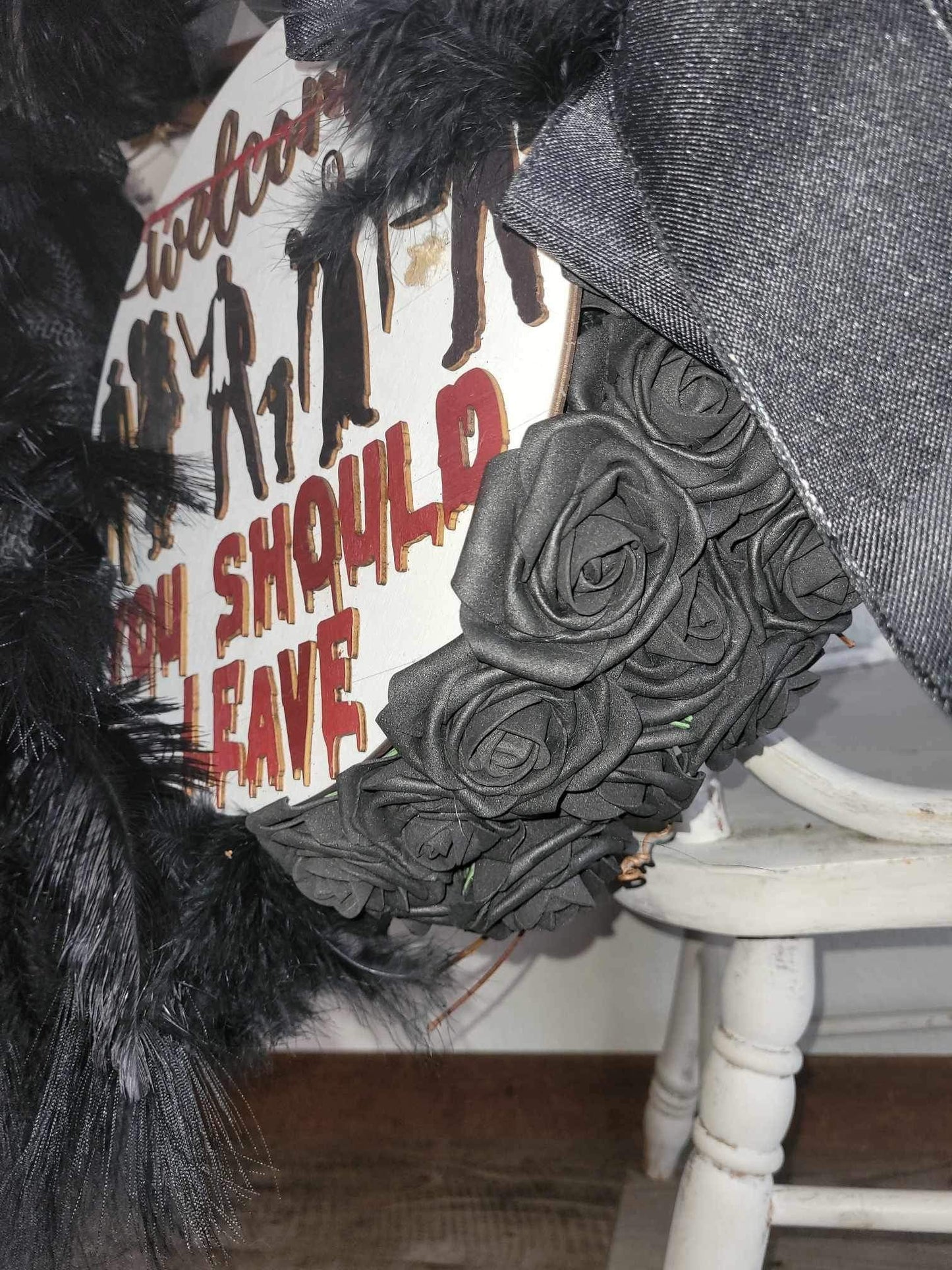 EXTRA LARGE Handmade Gothic “Welcome” wreath, Black roses, faux feathers, Unique, One of a Kind