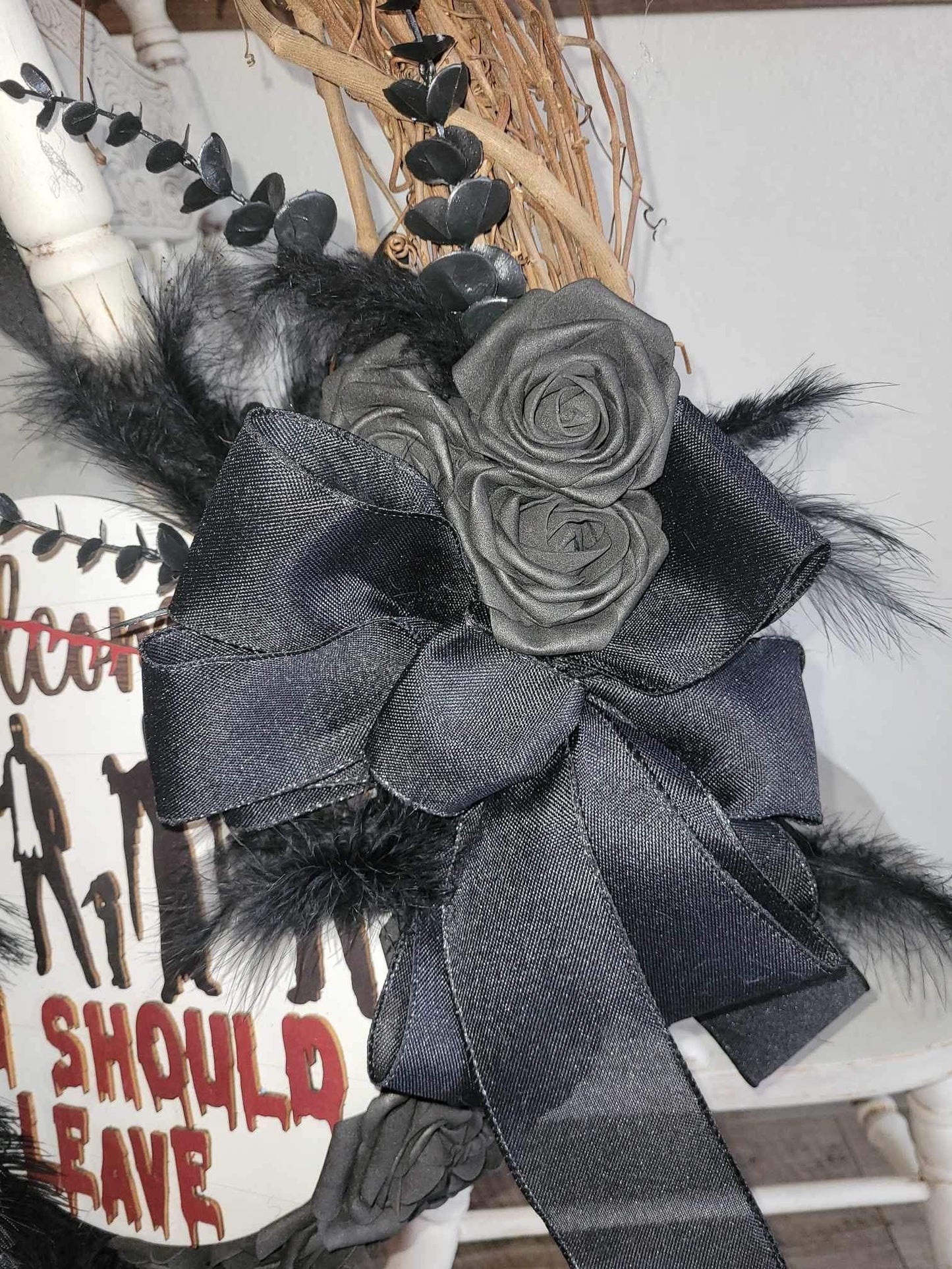 EXTRA LARGE Handmade Gothic “Welcome” wreath, Black roses, faux feathers, Unique, One of a Kind